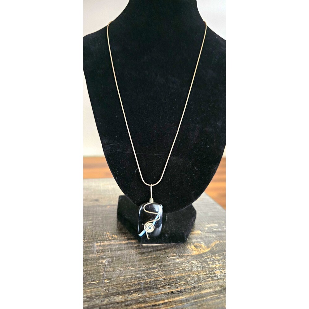 925 Italy Chain Necklace w/ Black Rectangle Charm Pendant Wire Wrap Swirl 18"